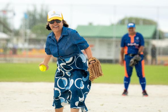 H.E. President Hilda C. Heine Throws First Pitch at 10th Micronesian Games Women’s Softball Games